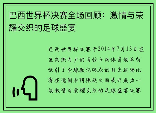 巴西世界杯决赛全场回顾：激情与荣耀交织的足球盛宴